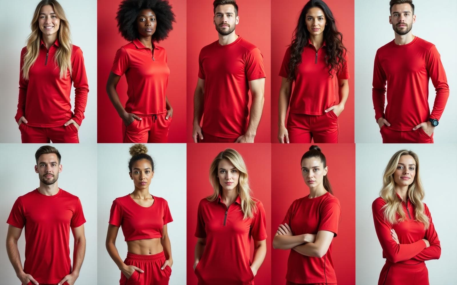 Professional photo gallery showing athletic models in red outfits